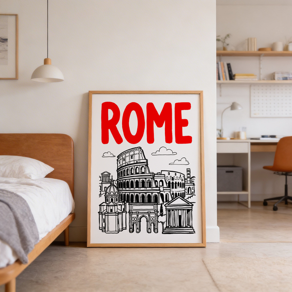 Minimal skyline artwork featuring Colosseum centerpiece and domed basilica