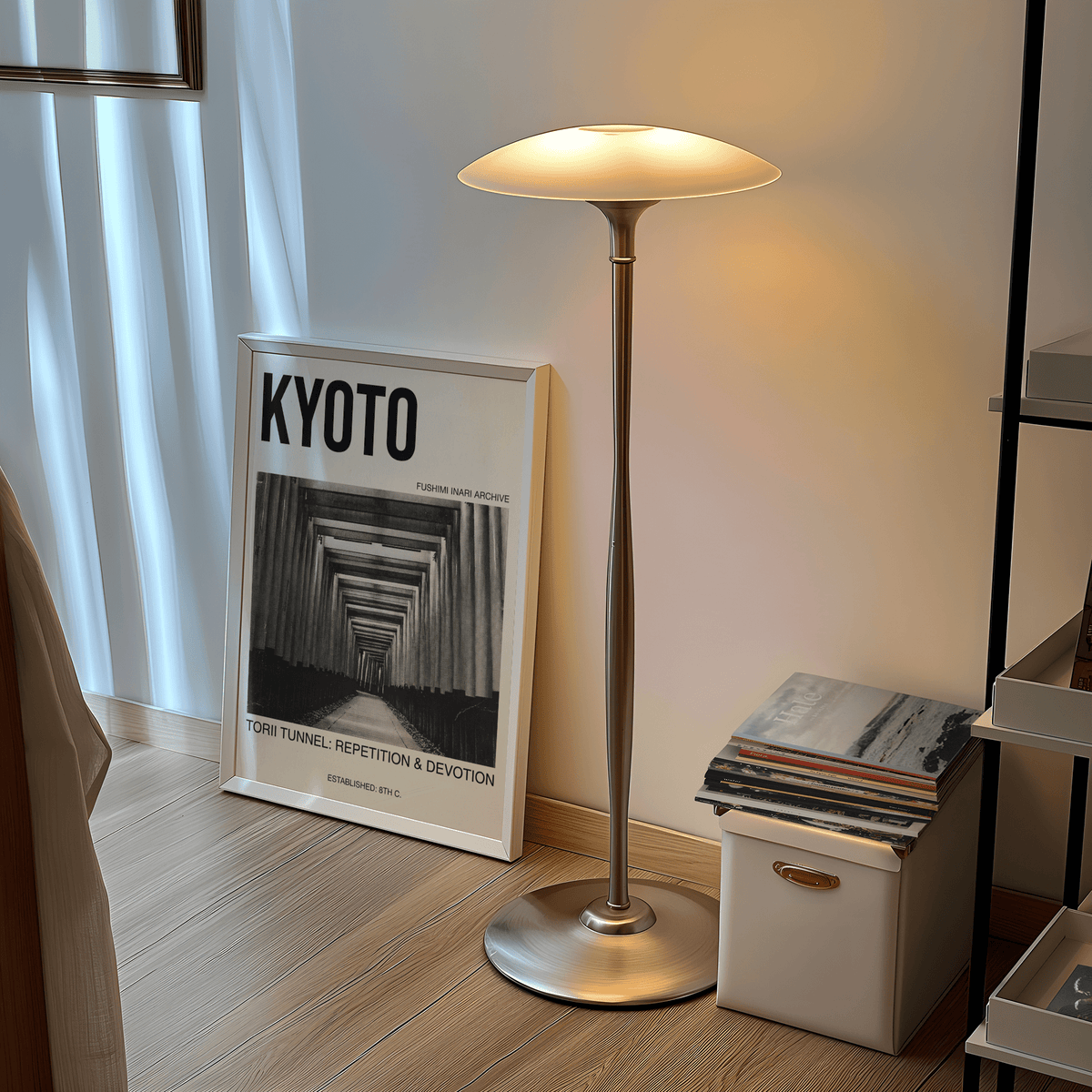Large title KYOTO over monochrome torii corridor poster wall art print