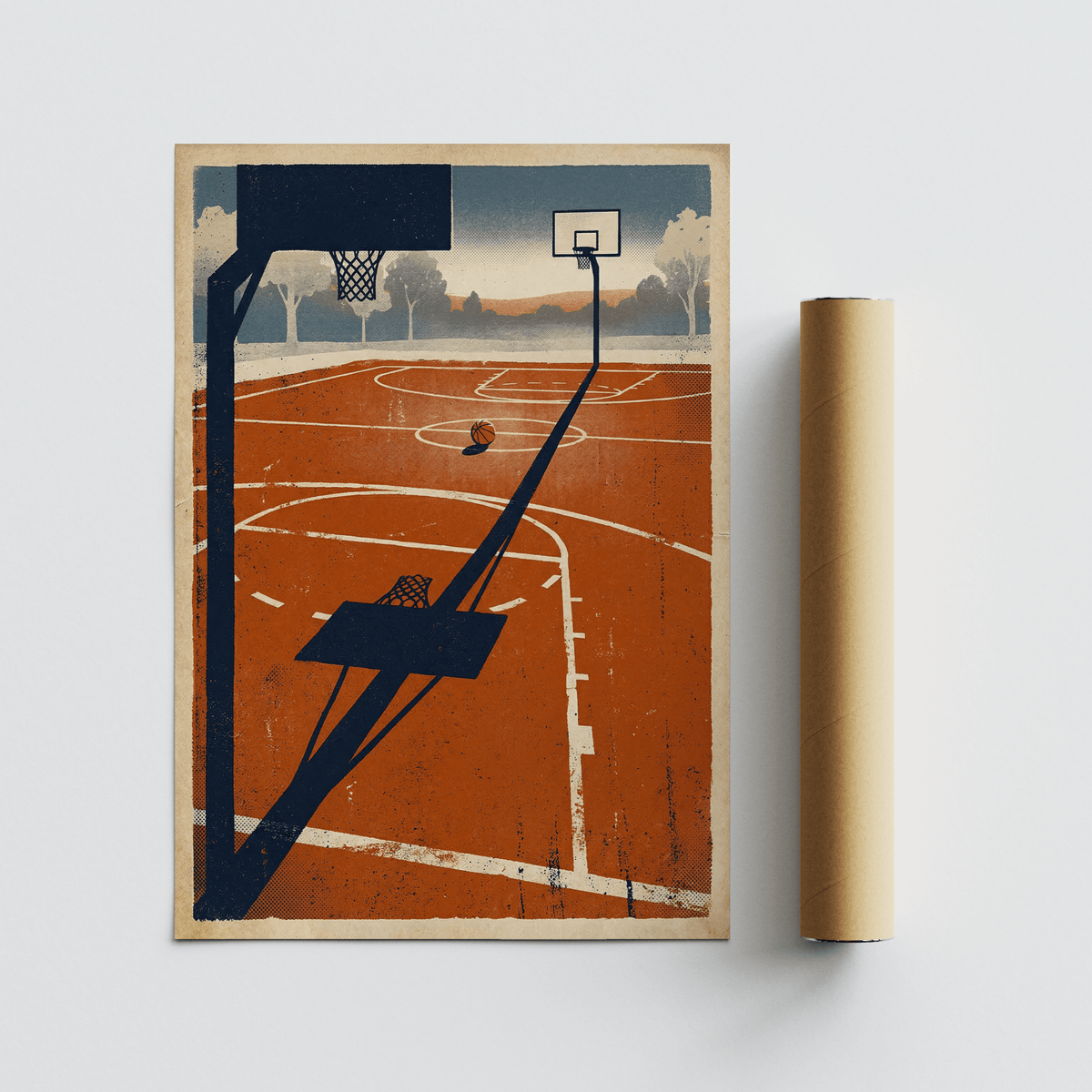 Perspective basketball court poster with strong diagonal shadow and mid-court ball