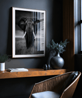 Front-facing elephant wall art highlighting symmetrical tusks and strong gaze