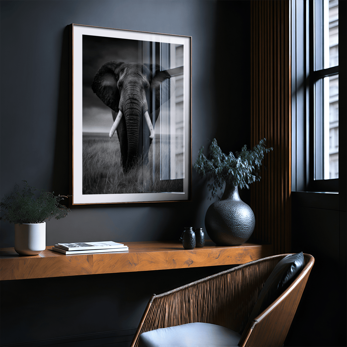 Front-facing elephant wall art highlighting symmetrical tusks and strong gaze