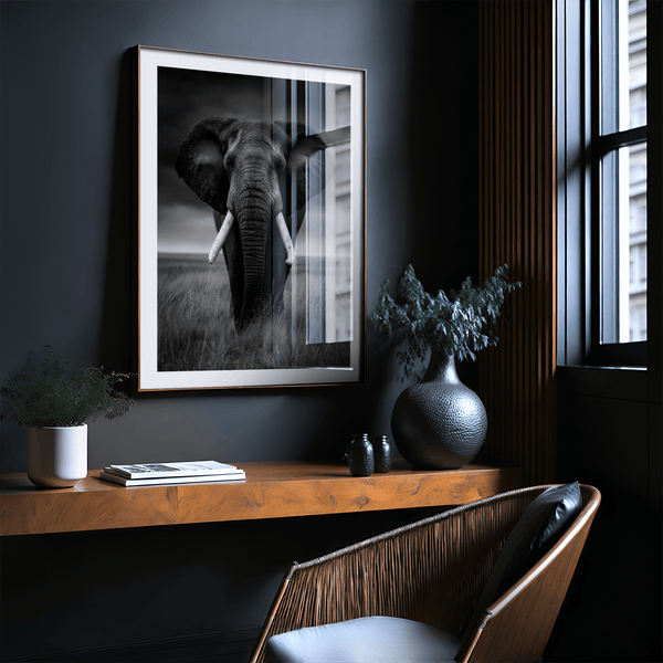 Front-facing elephant wall art highlighting symmetrical tusks and strong gaze