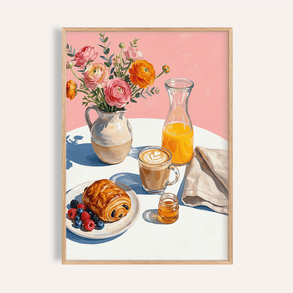 Breakfast Wall Art in Multicolored hues for kitchen poster with pink and orange tones