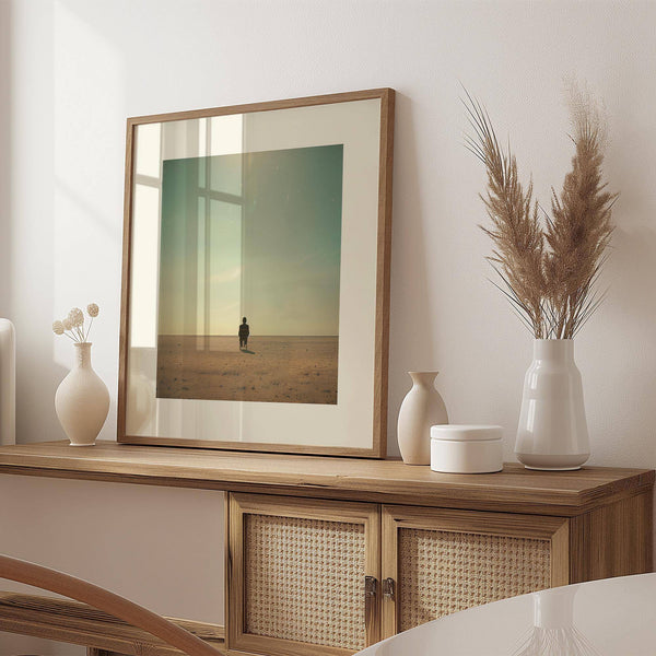 Minimalist surrealism art with a contemplative desert horizon