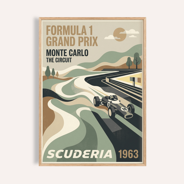 Bold Formula 1 Grand Prix Art Print poster with vintage race car on a curving track and Monte Carlo text