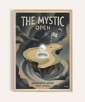 Front view of Memento Mori Golf Course Art Print poster with floating golf green and starry sky wall art
