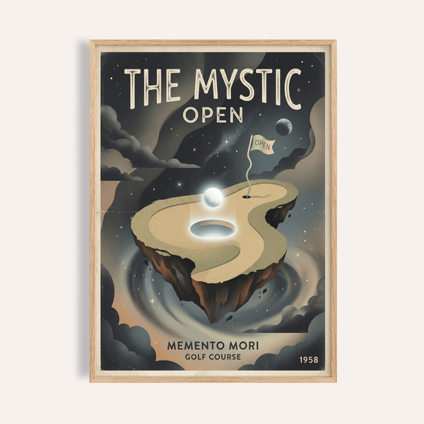 Front view of Memento Mori Golf Course Art Print poster with floating golf green and starry sky wall art