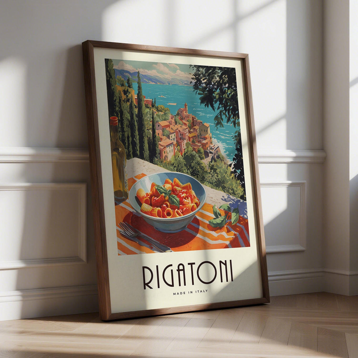 Pasta artwork featuring rigatoni in a blue bowl with tomato sauce on a coastal Italian terrace.