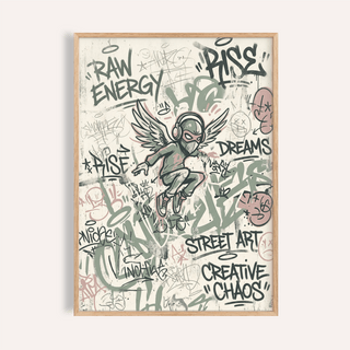 Angular Street Art Poster with winged masked figure and graffiti lettering print
