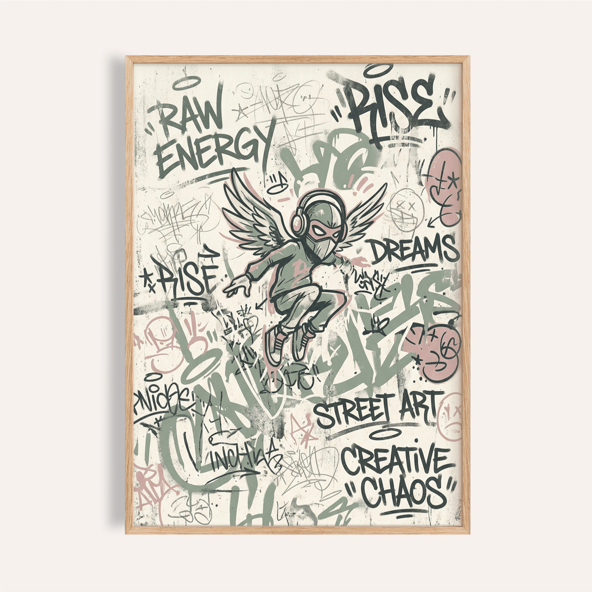 Angular Street Art Poster with winged masked figure and graffiti lettering print