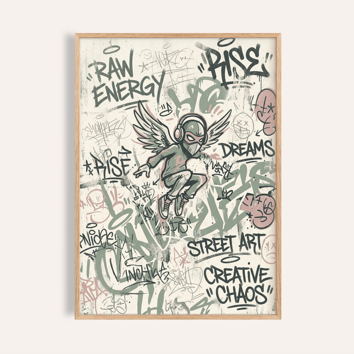 Angular Street Art Poster with winged masked figure and graffiti lettering print