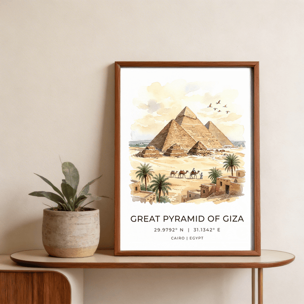Giza Pyramid Wall Art poster showing birds over desert sky