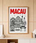 Macau Travel Art print with Ruins of St. Paul’s, tower and lighthouse icons