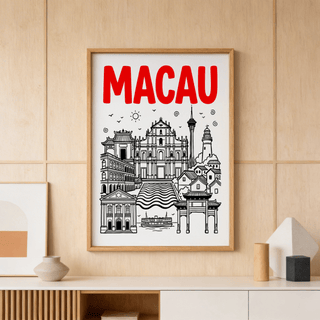 Macau Travel Art print with Ruins of St. Paul’s, tower and lighthouse icons