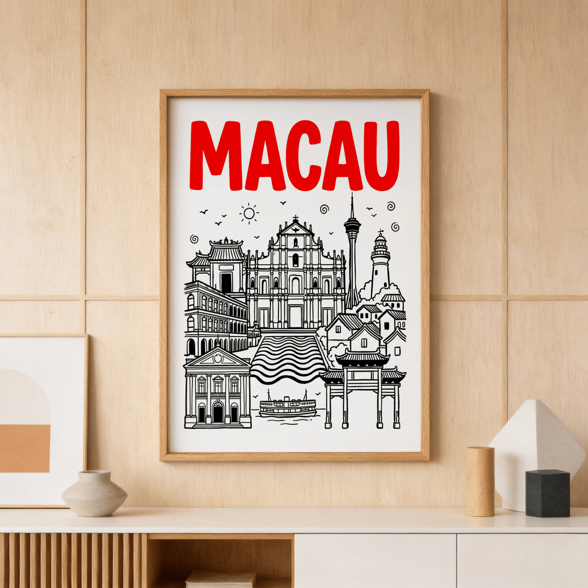Macau Travel Art print with Ruins of St. Paul’s, tower and lighthouse icons