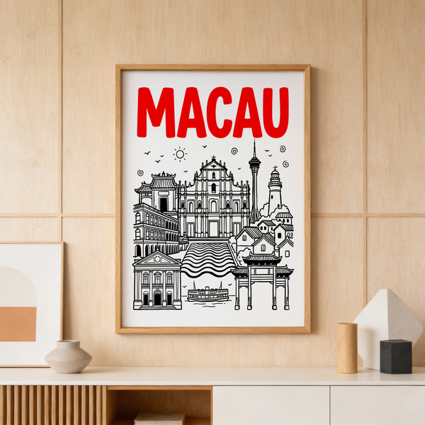 Macau Travel Art print with Ruins of St. Paul’s, tower and lighthouse icons