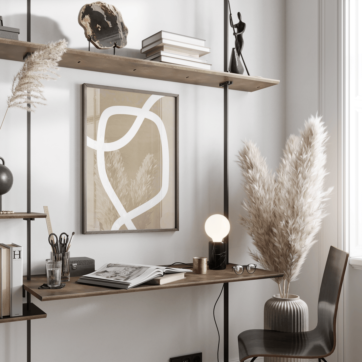 Abstract minimalist art wall in Beige tones, White design, art print