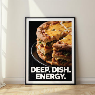 A bold foodie gift idea featuring cheesy deep dish pizza print in retro style.