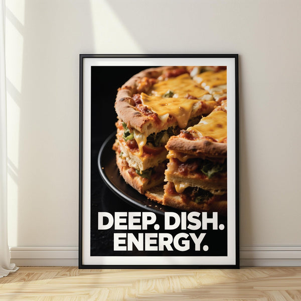 A bold foodie gift idea featuring cheesy deep dish pizza print in retro style.