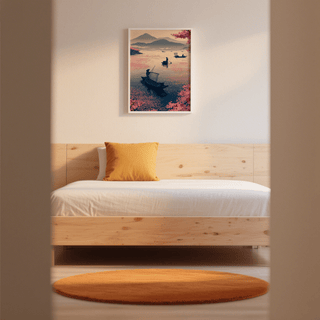 Stylized fishing scene print with a boat canopy sail and wide negative space