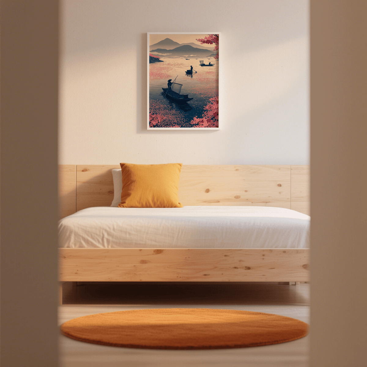 Stylized fishing scene print with a boat canopy sail and wide negative space