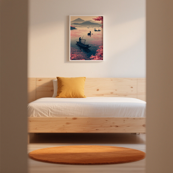 Stylized fishing scene print with a boat canopy sail and wide negative space