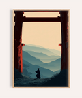 Framed Samurai Mountain Poster showing lone samurai under torii gate