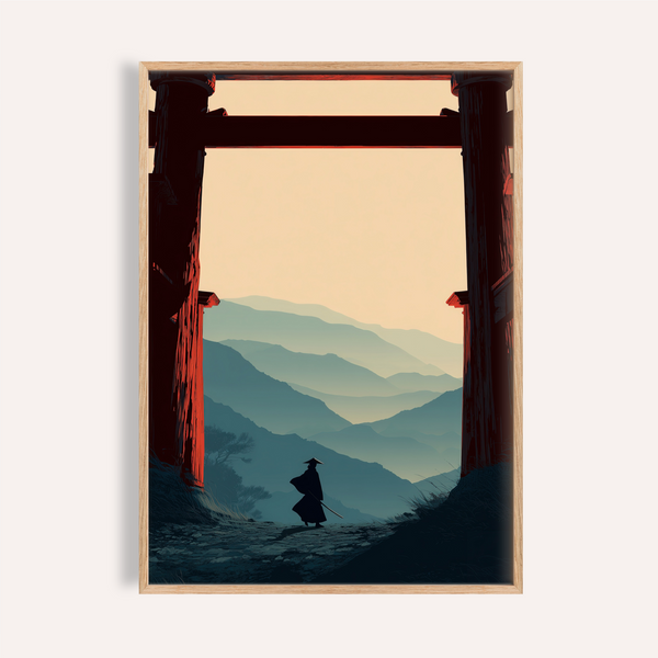 Framed Samurai Mountain Poster showing lone samurai under torii gate