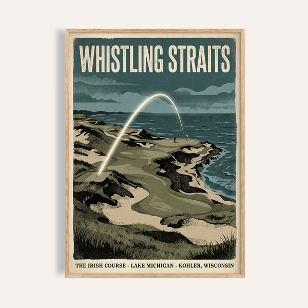 Featured Whistling Straits Golf Poster with ball-flight arc over coastal course