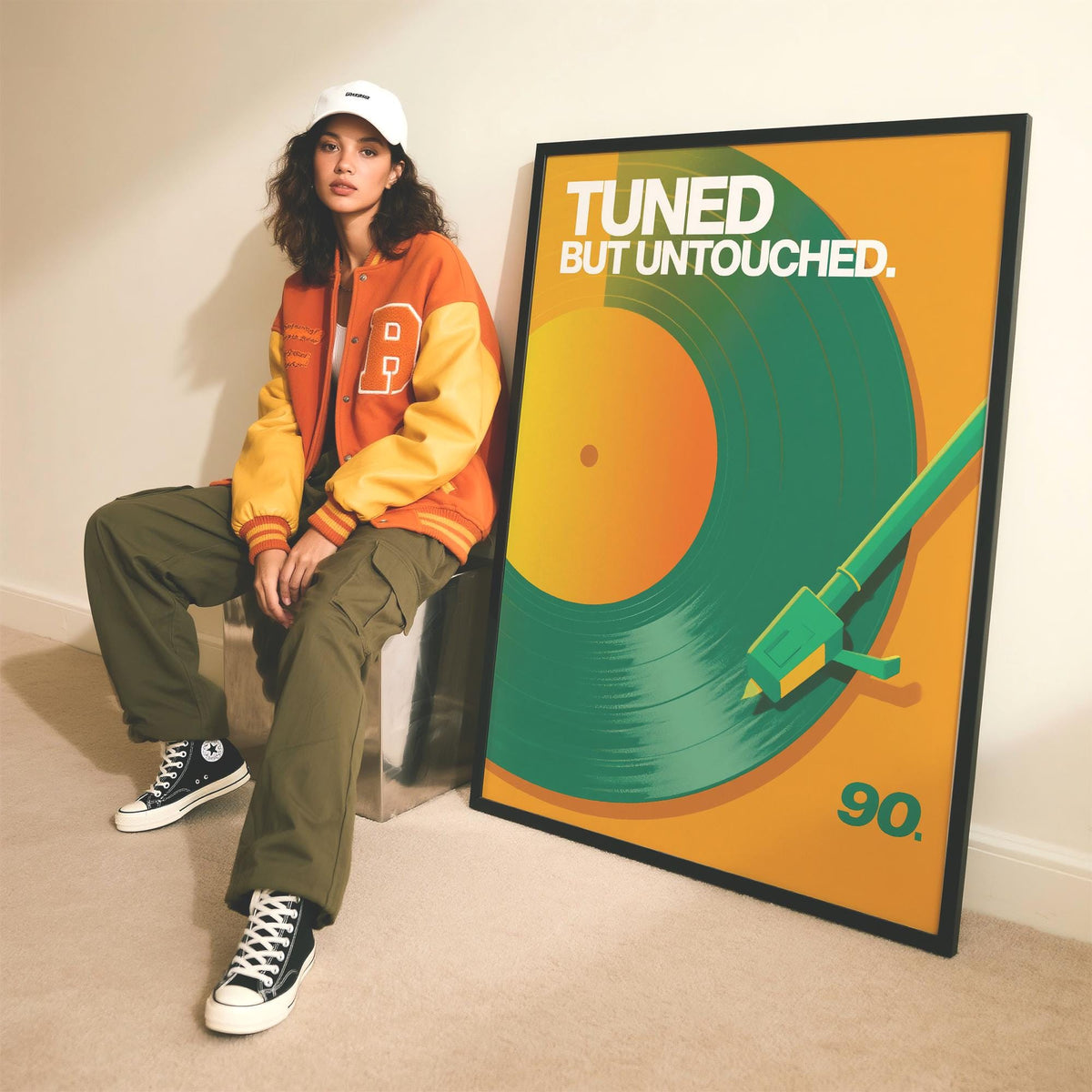 Graphic vinyl record art print featuring stylus above spinning disc.