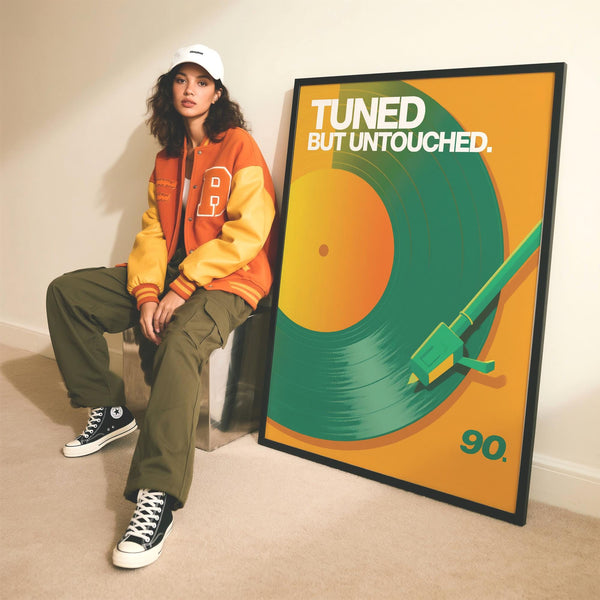 Graphic vinyl record art print featuring stylus above spinning disc.