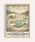 Surreal putting green poster with wave-like sand forms and sun, Mid-century Golf Wall Art