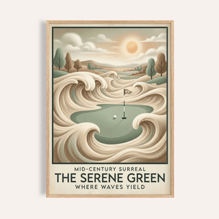 Surreal putting green poster with wave-like sand forms and sun, Mid-century Golf Wall Art