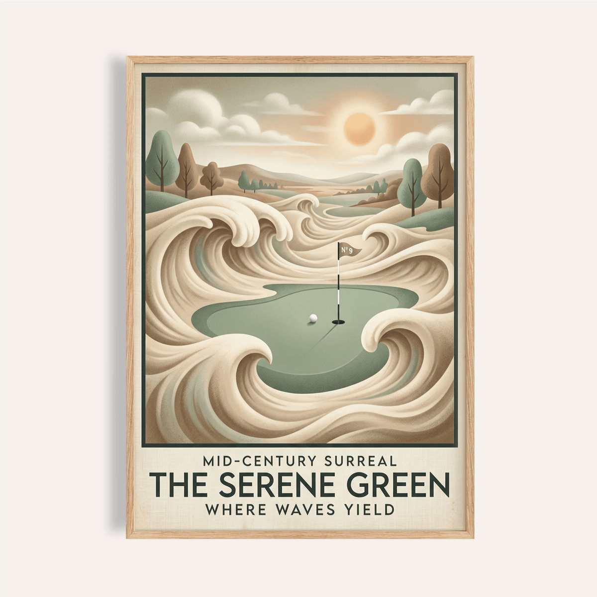Surreal putting green poster with wave-like sand forms and sun, Mid-century Golf Wall Art