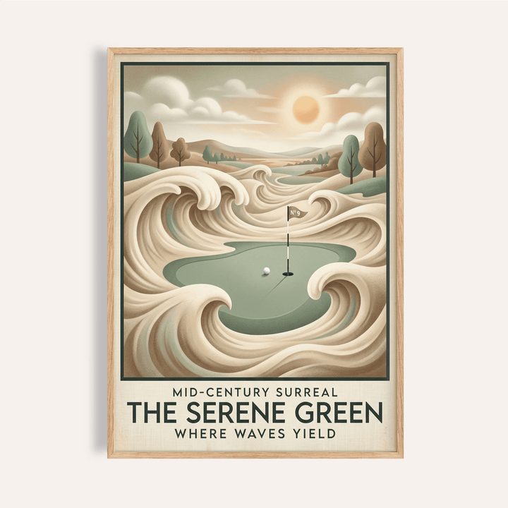 Surreal putting green poster with wave-like sand forms and sun, Mid-century Golf Wall Art