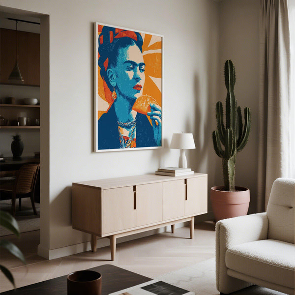 Taco print with Frida wearing earrings, headscarf, and holding food.