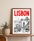 Depicting Lisbon skyline with bridge, towers, and tram poster wall art