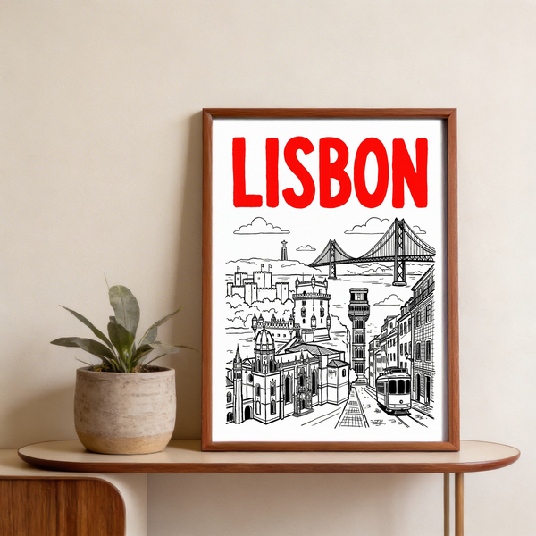 Depicting Lisbon skyline with bridge, towers, and tram poster wall art