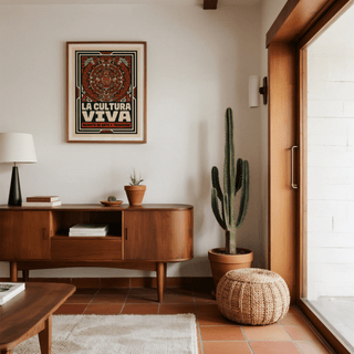 Radial motif art print framed by a strong border and central face icon