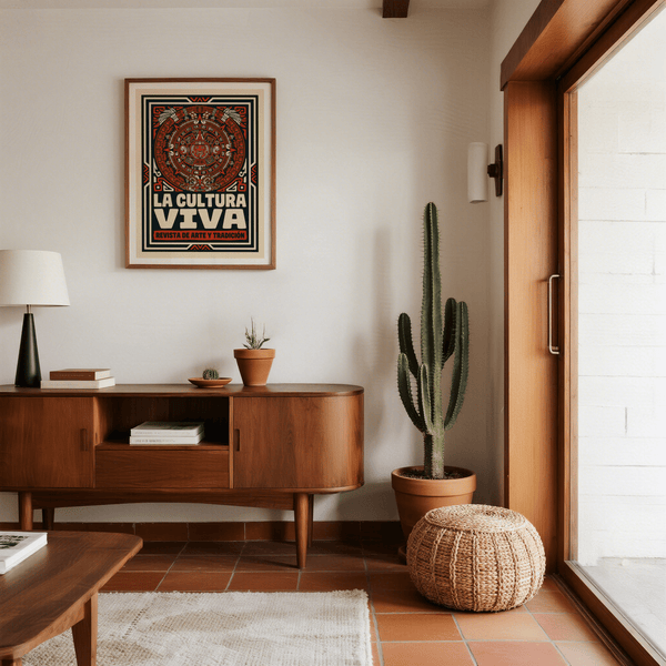 Radial motif art print framed by a strong border and central face icon