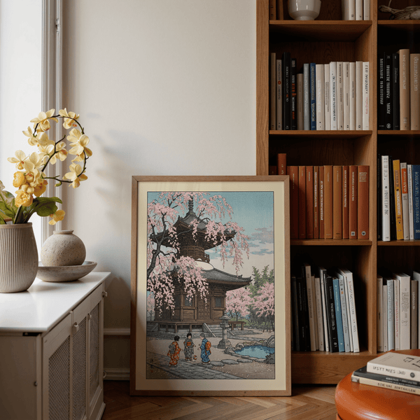 Wide shot of Japanese Cherry Blossom Art Print featuring a garden pond, stone lantern, and flowering trees
