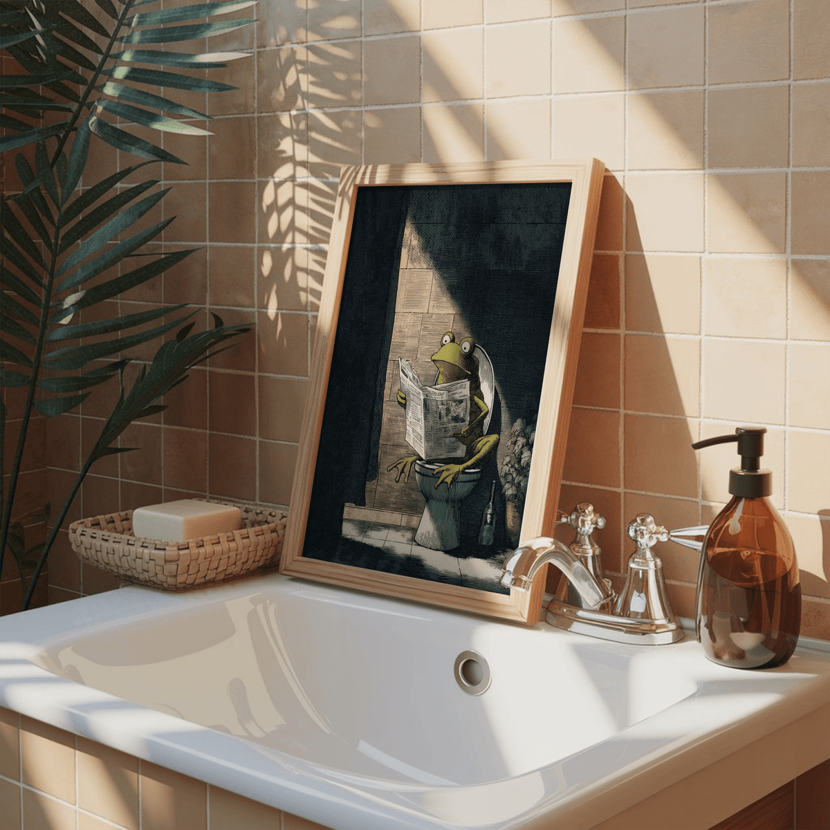Bathroom scene print with wide-eyed frog seated on a toilet holding a newspaper