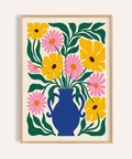 Floral Vase Art Print with Blue vase, Yellow blooms, Green leaves, Pink flowers for living room wall art