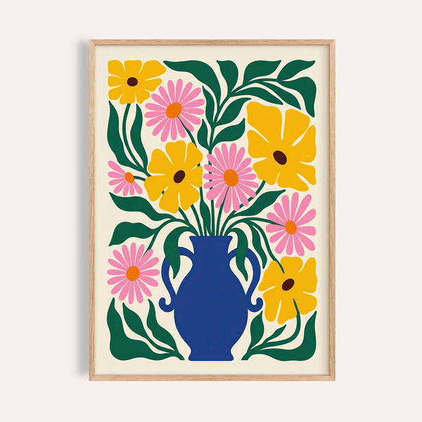 Floral Vase Art Print with Blue vase, Yellow blooms, Green leaves, Pink flowers for living room wall art