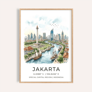 Framed Jakarta City Art Print of a watercolour skyline with a river and boats