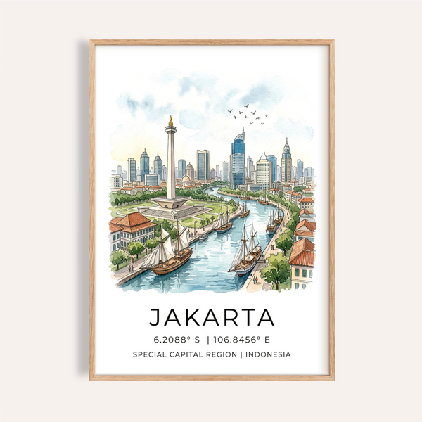 Featuring the Jakarta City Art Print poster with skyline, monument, river, and sailboats