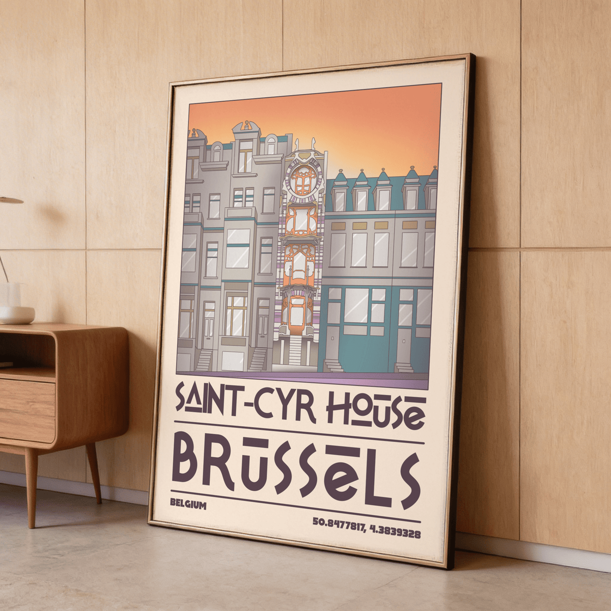 Highlighting Saint Cyr House Poster print with Saint-Cyr House facade and BRUSSELS lettering at the bottom