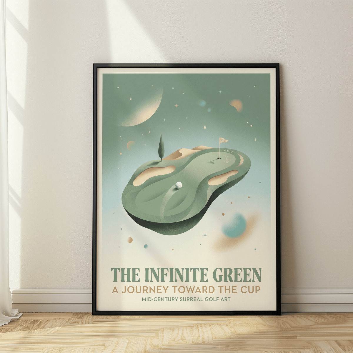 Mid century golf illustration with island green and flag 18