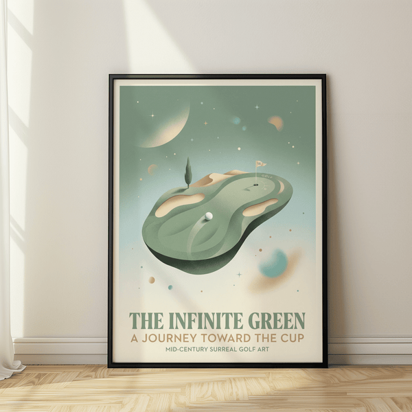 Mid century golf illustration with island green and flag 18