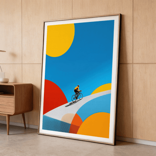 Graphic bicycle poster artwork with small cyclist climbing a curved path